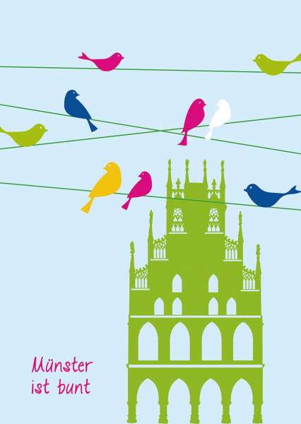 Postkarte mmm - grünes Rathaus mit Vögeln